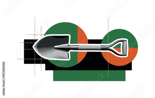 A black and white vintage shovel in retro photographic style, layered as a cut-out object with subtle white outline, bold geometric semicircles framing the