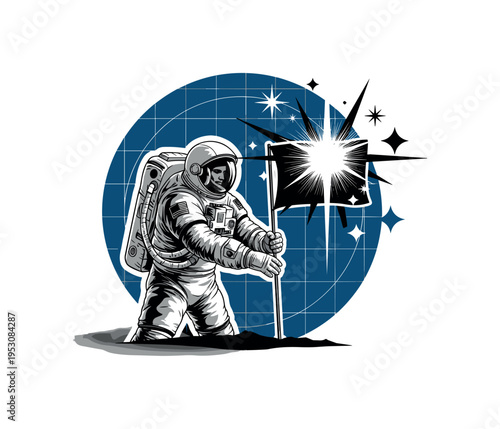 Monochrome cosmonaut planting a flag, layered with blue circular frame and fine grid lines symbolizing navigation coordinates, radiant flash of light bursting