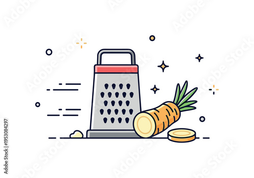 Homemade horseradish sauce preparation illustrated by a small grater positioned beside a sliced root. Subtle motion lines and decorative dots communicate