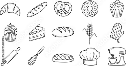 Collection of hand-drawn bakery icons and baking tools for culinary designs