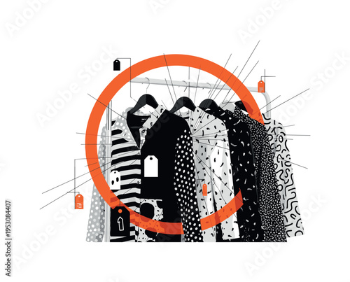 Black and white rack of customized garments with unique patterns, layered with a large orange circular frame and thin structured lines suggesting individuality