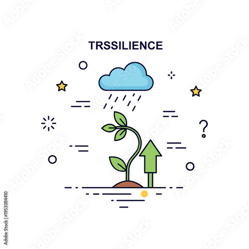 Resilience concept visualized by a small plant bending under a rain cloud yet remaining rooted and upright, symbolizing strength through difficulty. The