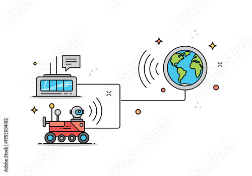 Data relay between Mars rover and Earth command center, with simplified signal lines connecting the two, emphasizing exploration and communication technology.