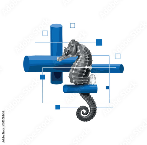 Realistic black and white seahorse placed slightly off-center, layered with floating blue cylindrical shapes and minimal square accents symbolizing bubbles,