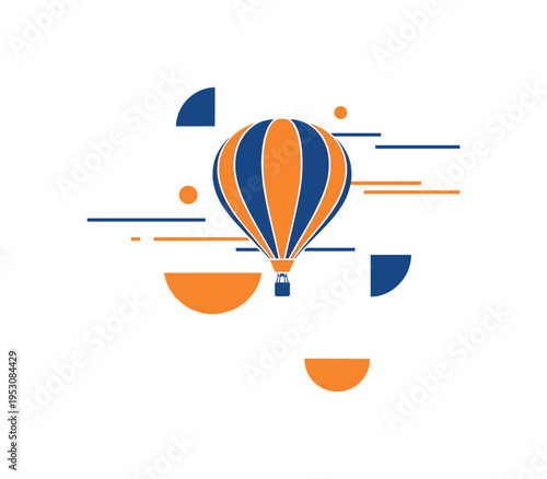 A monochrome hot air balloon floating upward, geometric semicircles and thin linear accents suggesting wind currents, flat contrasting color panels in bright
