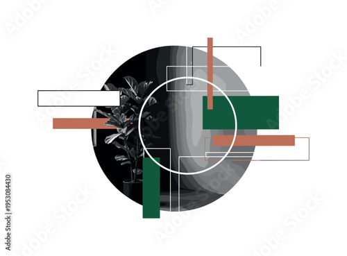 A monochrome industrial loft corner with large plant and concrete wall texture, bold circular halo unifying the composition, abstract geometric rectangles