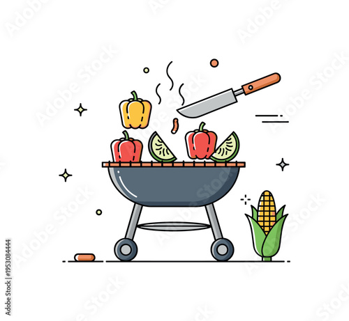 Grilling vegetables on a portable barbecue with colorful bell peppers and corn, emphasizing healthy cooking, skillful preparation, and social outdoor