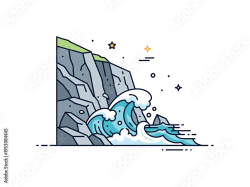 Dramatic sea cliffs and crashing waves built around bold angular rock shapes with stylized white foam splashes below, expressing energy and movement. The clean