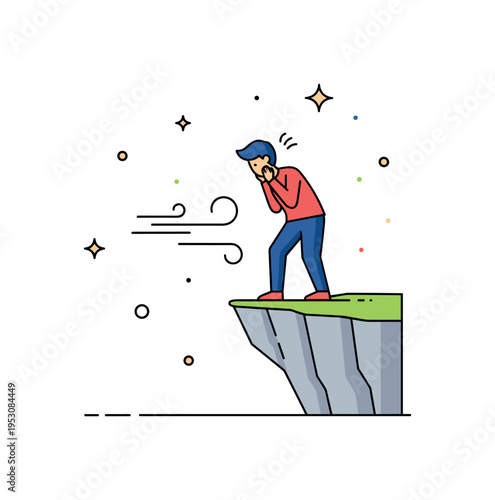 Person standing on a cliff edge with strong wind, looking down nervously, highlighting fear, hesitation, and facing personal challenges. Minimalist flat vector