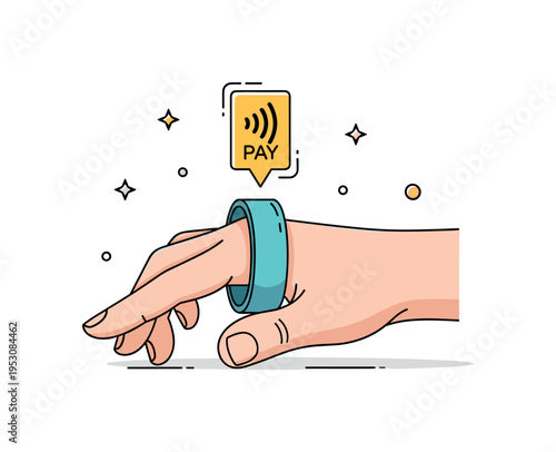 Contactless payment ring minimal ring on a hand with small tap to pay icon hovering above. A compact editorial illustration about seamless transactions and