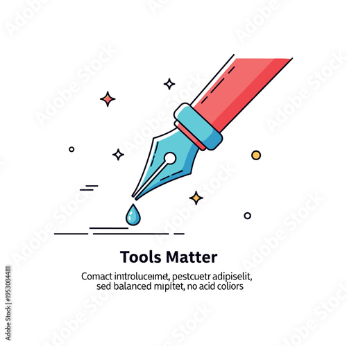 Ink and nib introduction concept centered on a close up of a calligraphy nib with a tiny ink drop at its tip, representing tools and craftsmanship. A short