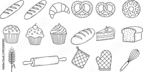 Collection of hand-drawn bakery items and baking tools in a simple line art style