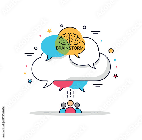 Brainstorm cloud cluster of overlapping speech bubbles forming a soft cloud shape above a small team silhouette. A clean concept illustration about open