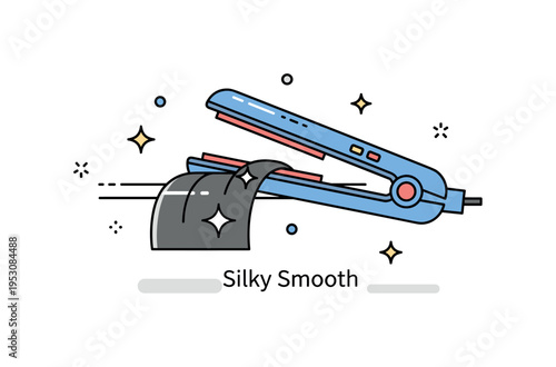Hair straightening treatment illustrated through a sleek flat iron gliding over a smooth strand of hair with subtle shine accents. A small ?Silky Smooth?