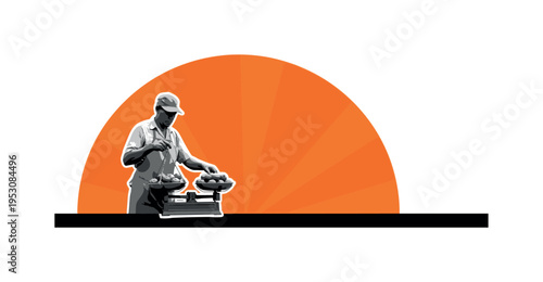 Monochrome vendor weighing produce on scale, bold orange half-circle behind like warm sunlight, thin horizontal baseline grounding the composition, layered