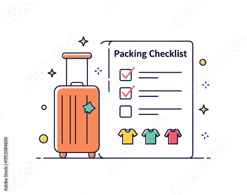 Packing checklist planning featuring a suitcase icon beside a marked list and small clothing symbols, expressing organization and attention to detail. The