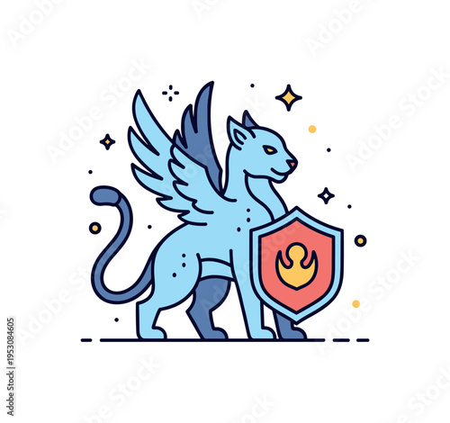 Guardian beast of legend illustrated by a strong yet elegant creature silhouette combining feline and winged elements, accented with minimal sparkles to