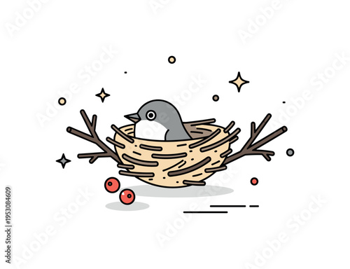 Bird nest with tiny decorative berries nearby, twigs arranged neatly, illustrating the artistry of nature and attention to detail in wildlife habitats.