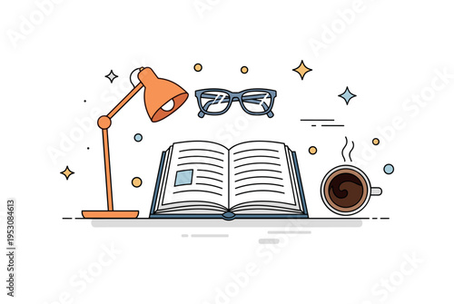 A cozy desk setup with an open book, reading glasses, and a cup of coffee, small decorative dots and abstract stars conveying calm, focus, and study