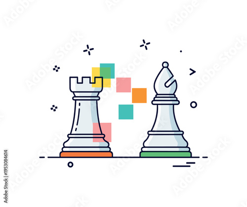 Chess tactics training scene featuring a rook and bishop positioned diagonally with subtle highlight squares, expressing pattern recognition and calculated