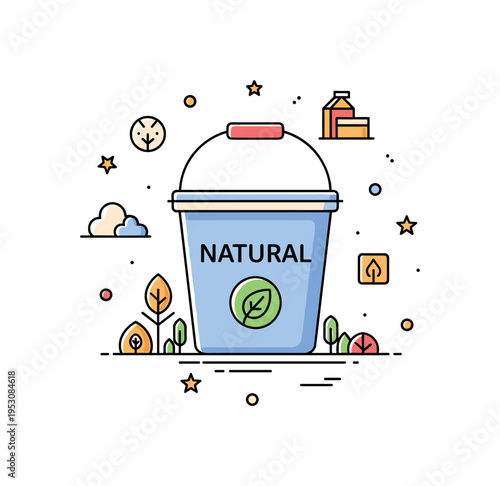 Organic animal feed concept centered on a bucket marked Natural with a small green leaf symbol, suggesting eco-conscious farming and clean ingredients. The