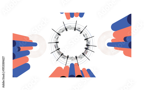 Black and white dragonflies forming a circular flight pattern, abstract cylindrical columns and concentric rings suggesting airflow, limited palette of