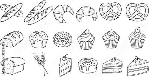 Collection of delicious baked goods and pastries in a charming hand-drawn outline style