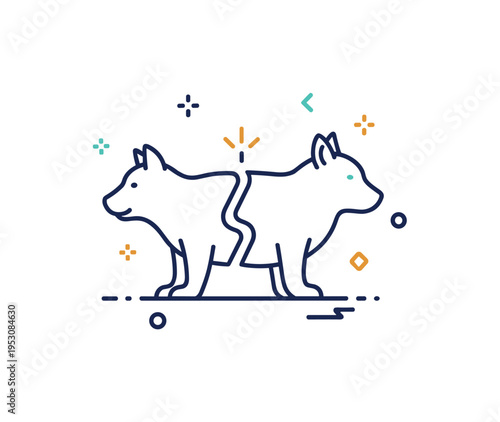 Creature fusion experiment concept showing two animal silhouettes merging into one seamless outline with a small spark accent, representing transformation and