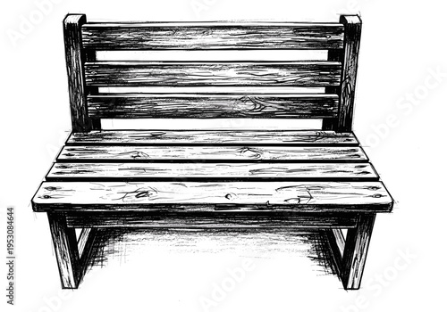 Hand-drawn sketch of a rustic wooden park bench with detailed wood grain texture