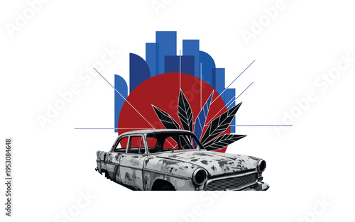 Black and white rusted car abandoned in urban lot, bold deep red circle centered behind the vehicle, cobalt blue semicircles layered as abstract city skyline,