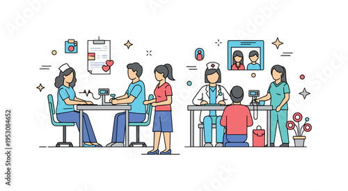 Community health check-up camp with nurses, doctors, and volunteers registering patients, measuring vitals, and offering consultations, representing accessible