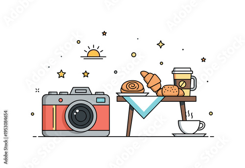 Traditional breakfast discovery illustrated by a compact camera angled toward a small table with regional pastries and coffee, while a tiny sunrise icon
