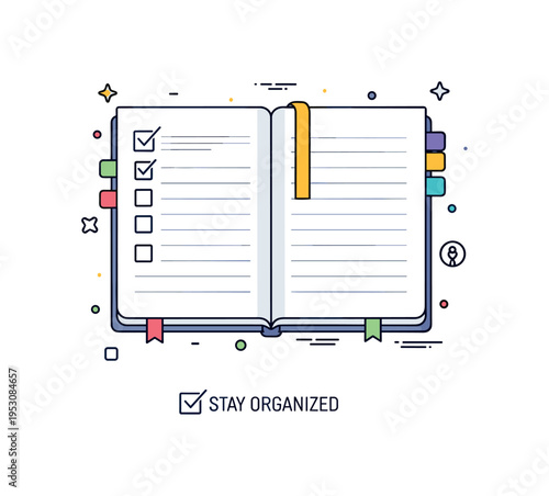 Bullet journal planning scene featuring an open notebook with simple checklist boxes and neat lines. A tiny checkmark icon and short ?Stay Organized? caption