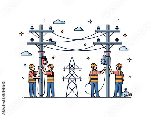 Utility workers installing infrastructure for energy setting up power lines on tall poles with safety gear, emphasizing teamwork, precision, and essential