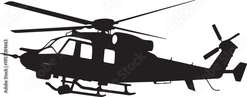 Black helicopter silhouette with rotors white background