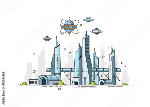 Futuristic cityscape with towering spires, transparent walkways, and orbital structures above, creating a sense of scale, innovation, and interplanetary