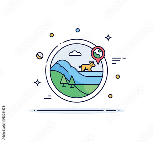 Habitat preservation mapping illustrated by layered landscape shapes with a small highlighted animal icon, symbolizing protected areas and biodiversity focus.