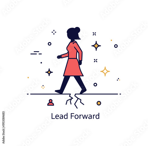 Women in leadership empowerment theme featuring a silhouette stepping confidently beyond a cracked ceiling line. Subtle decorative stars and a gentle ?Lead