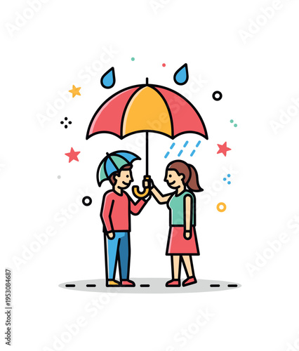 Sharing an umbrella with someone caught in the rain, highlighting spontaneous kindness and concern for others? well-being. Minimalist flat vector illustration,