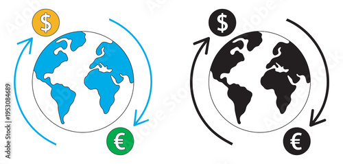 Global currency exchange symbol, rotating arrows with dollar and euro coins, financial transaction concept, international money transfer, transparent background