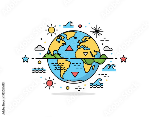 Southern hemisphere illustrated as the lower half of a globe with small sun and wave icons, conveying reversed seasons and coastal landscapes. The balanced