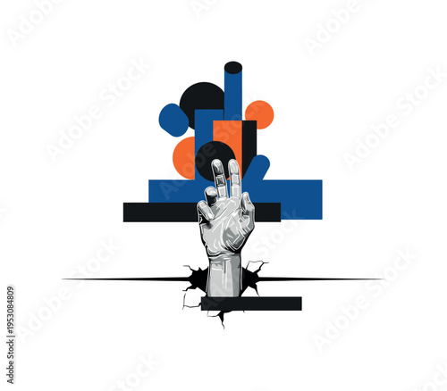 A monochrome hand breaking through a flat geometric horizon line, reaching toward abstract circles and cylinders above, strong negative space with balanced