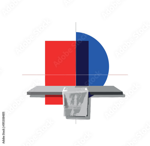 Black and white empty kitchen counter with a single folded towel placed precisely, bold red geometric block and cobalt blue semicircle intersecting softly,