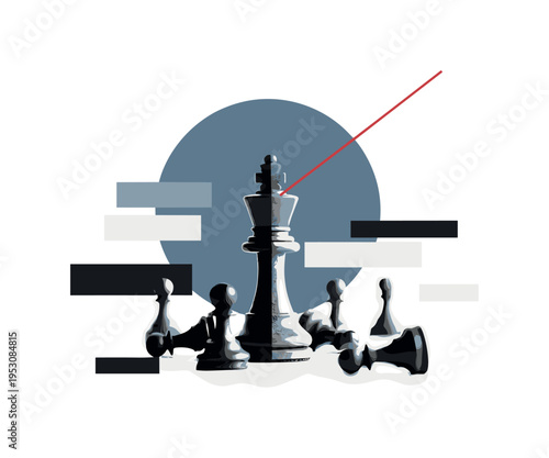 Black and white chess king piece standing prominently among blurred pawns, large muted blue circle framing upper half, thin red diagonal accent representing