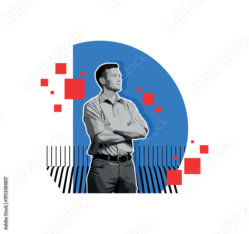 Realistic monochrome agronomist standing confidently with arms crossed, layered with a blue semicircle behind and small red square accents