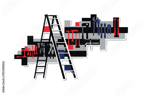Black and white ladder leaning against organized wall of hanging tools, diagonal lines and fragmented rectangular blocks creating dynamic structure, vivid red