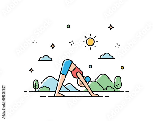 Outdoor yoga session centered on a simplified figure in downward facing pose with a small sun and minimal hill shapes suggesting nature setting. The scene