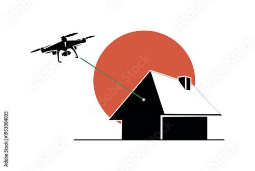 Black and white drone delivering to a geometric house silhouette, roof simplified into flat triangular shape, bold circular sun backdrop intersecting