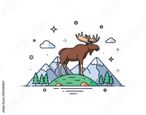 Moose standing atop a small hill with distant mountains and forest in the background, emphasizing grandeur, majesty, and wildlife in natural