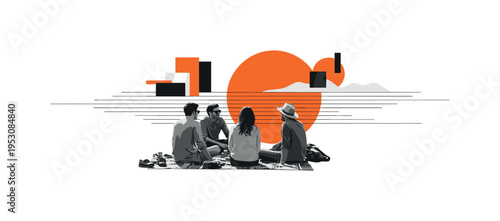 Black and white picnic scene with friends sitting on a blanket, layered with a bold orange circle behind them and thin horizontal lines creating balance,